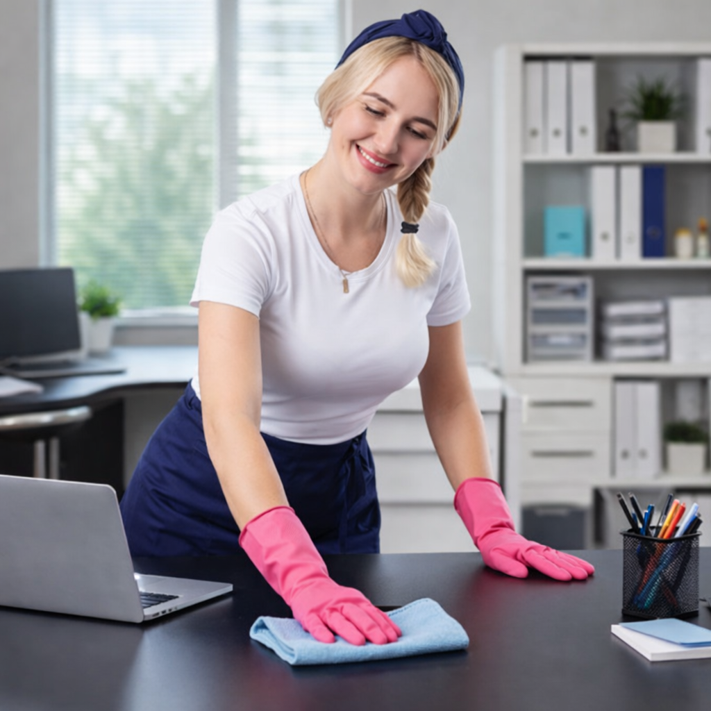 maid-cleaning-clarkston-mi-office-2 Maids In A Minute office cleaning service in Clarkston, MI with professional cleaner at work.